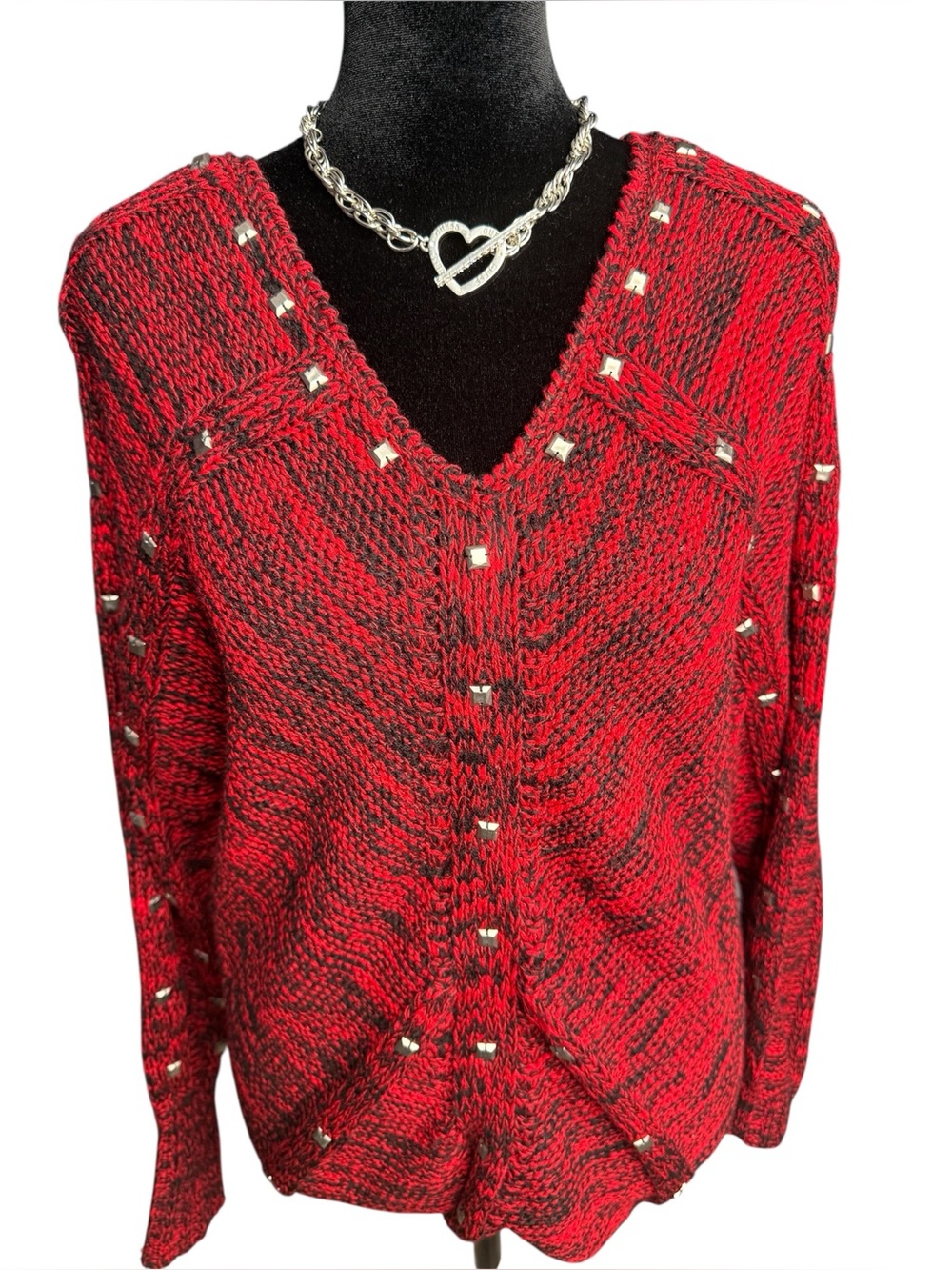 Intrigue studded knit sweater red black marled V neck size S Y2K grunge - Picture 4 of 6